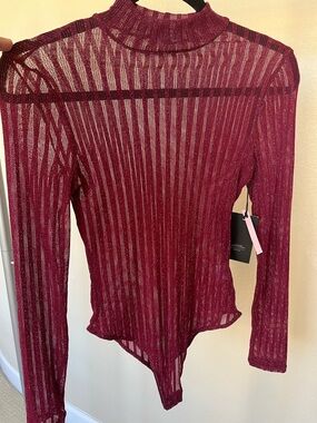 iris Metallic Ribbed Long Sleeve Bodysuit - Berry